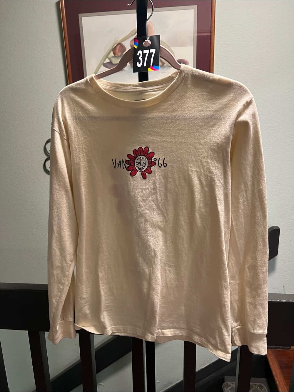 Vans Cream Long-Sleeve Tee with Red Flower Graphic Small #377